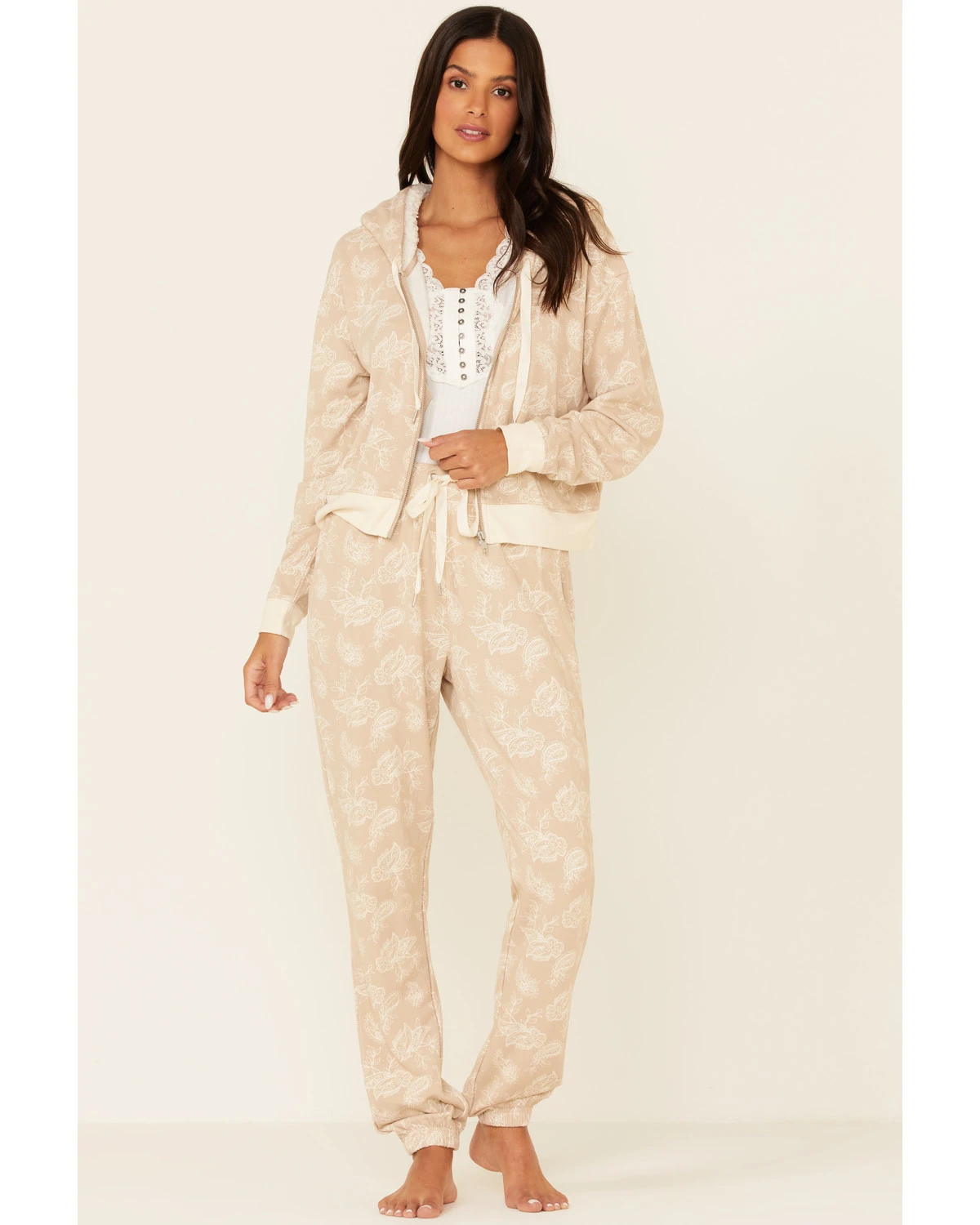 Idyllwind Women's Tan Floral Print Sherpa Zip-Front Hooded Jacket - Image 2