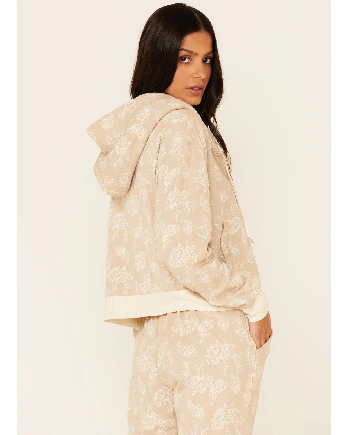 Idyllwind Women's Tan Floral Print Sherpa Zip-Front Hooded Jacket - Image 4