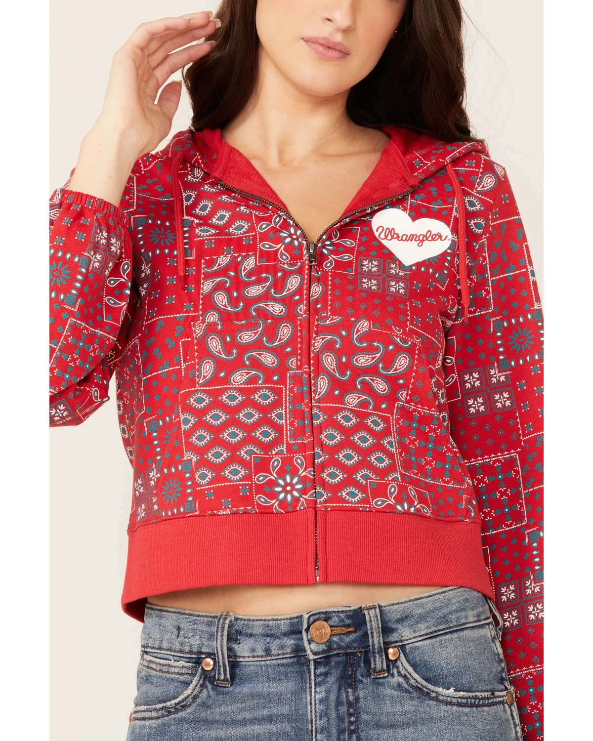 Wrangler Women's Bandana Print Red Crop Zip Hooded Jacket - Image 2