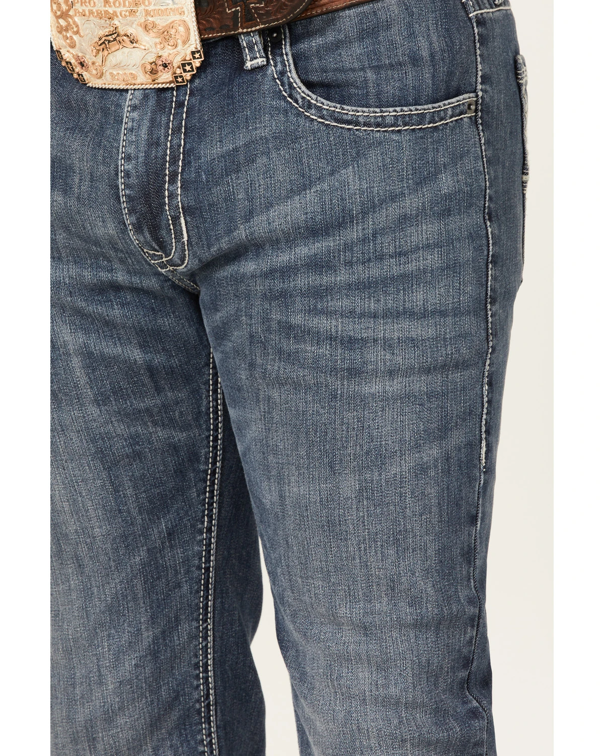 Rock & Roll Denim Men's Rifle Medium Wash Leather Pocket Stretch Straight Skinny Jeans - Image 2